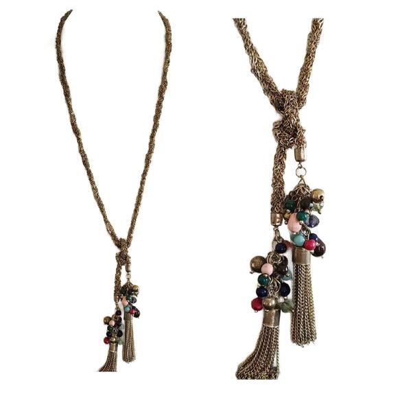 Etruscan Revival Tassel Lariat Necklace with Beads, 1960s, RARE - Picture 7 of 10